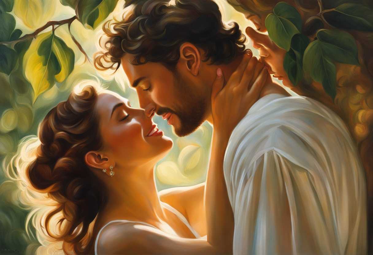 A-couple-embraces-in-soft-sunlight-hands-intertwined-surrounded-by-lush-greenery-and-laughter_rial