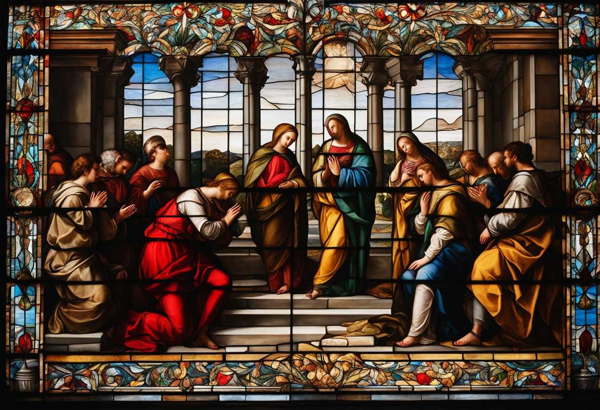 A-diverse-group-in-prayer-illuminated-by-stained-glass-united-in-serene-reflection_mgot