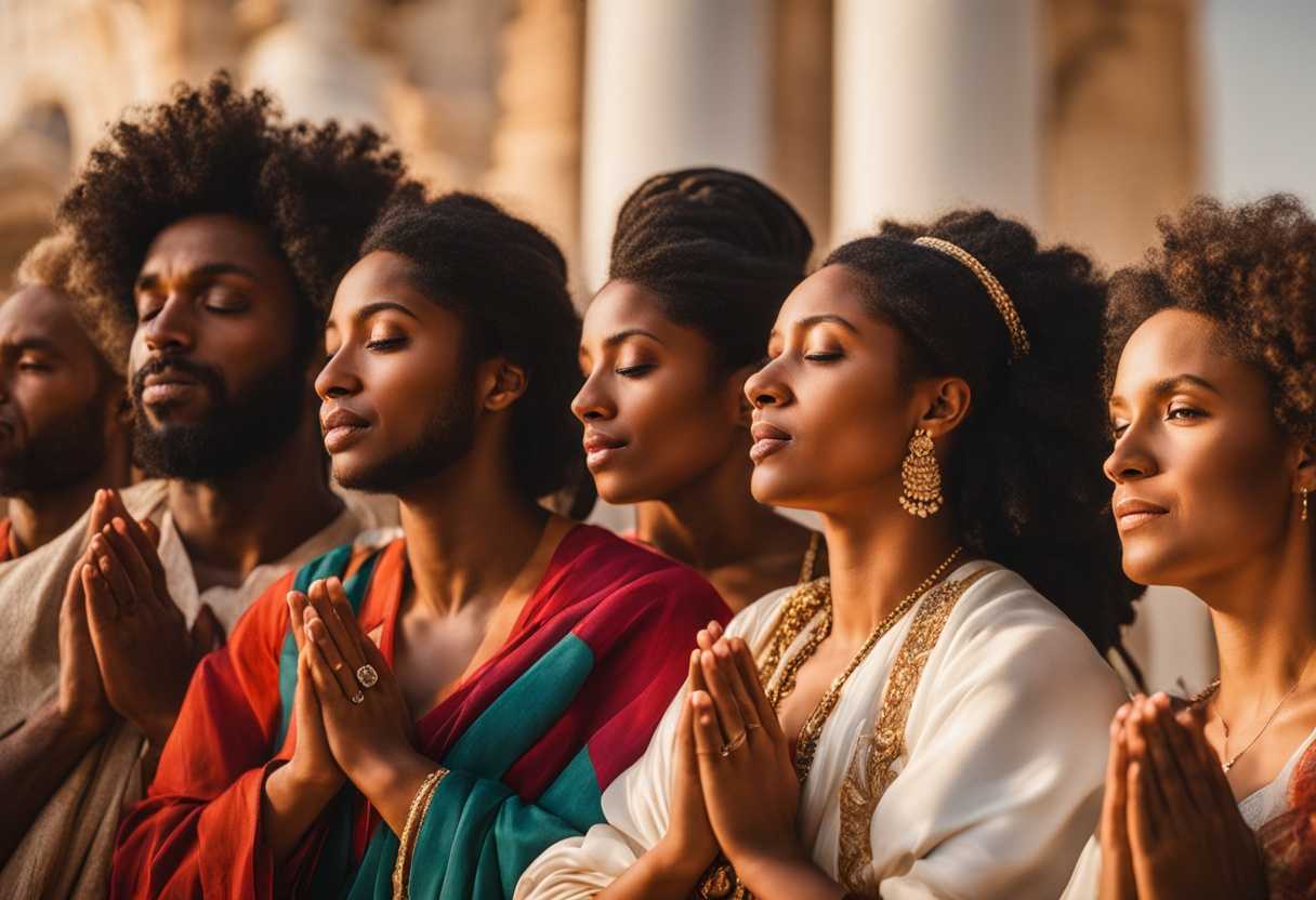 A-diverse-group-in-vibrant-clothing-clasping-hands-in-prayer-under-warm-sunlight-radiating-joy_itbb