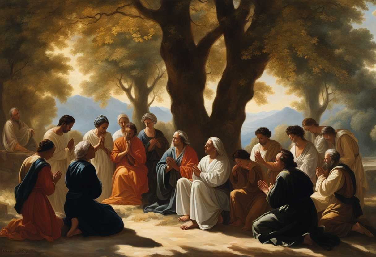 A-diverse-group-prays-together-under-sunlit-trees-hands-clasped-eyes-closed-in-unity_pbnh