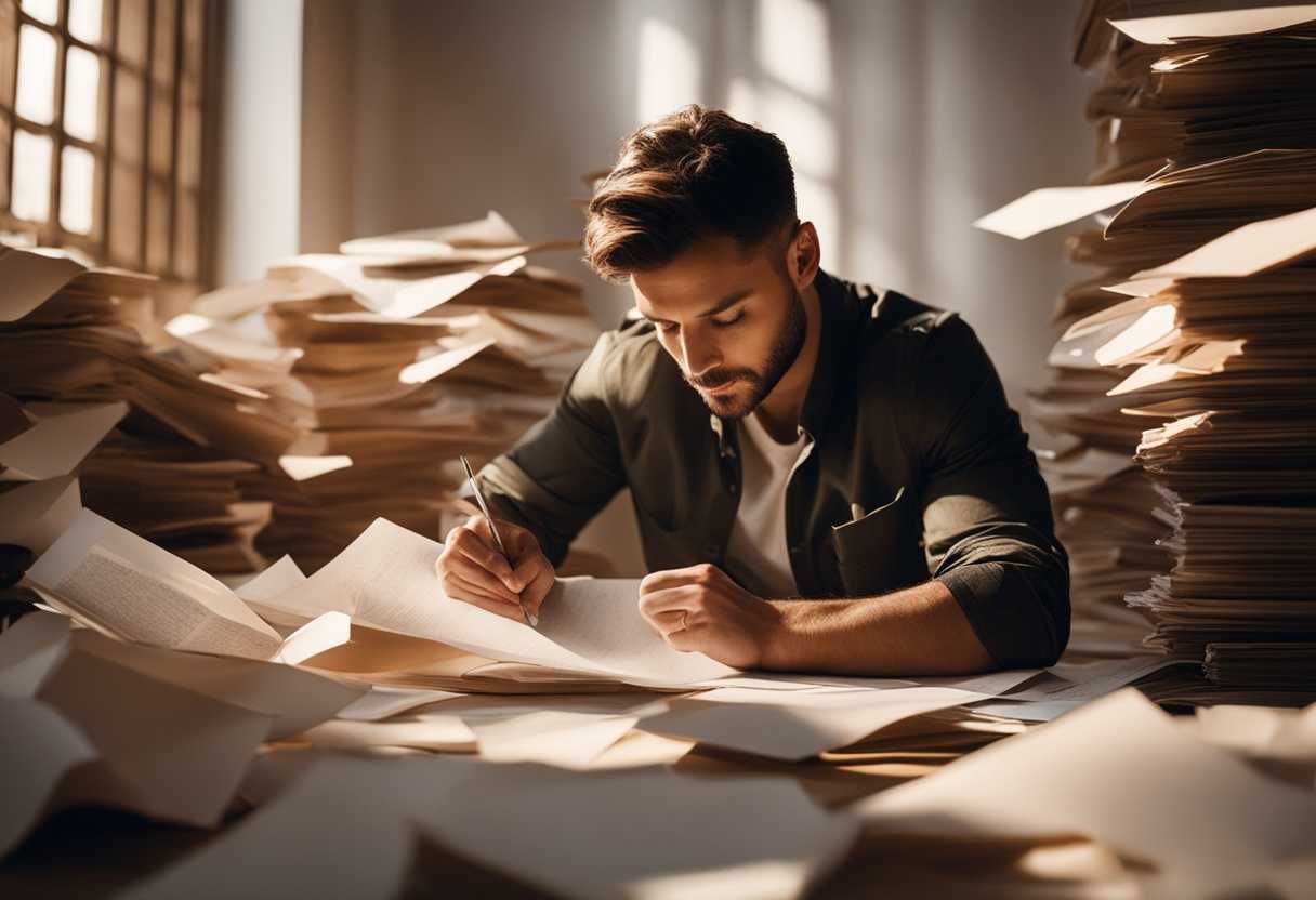 A-focused-individual-amidst-scattered-papers-warm-light-and-nature-s-hint-embodying-productivity_vdlc