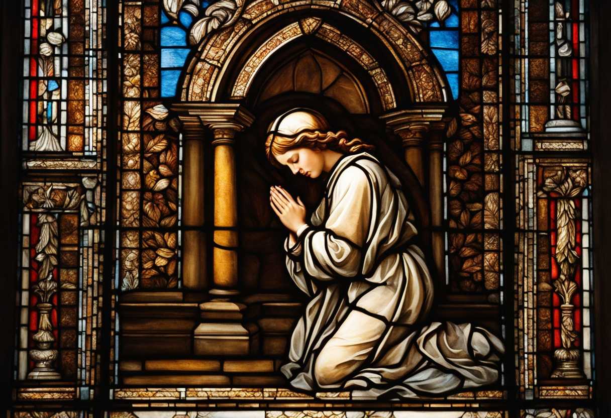 A-kneeling-figure-in-prayer-illuminated-by-stained-glass-exudes-serene-devotion_wknl