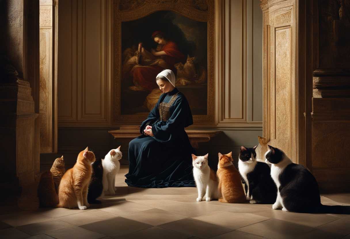 A-person-kneels-in-prayer-surrounded-by-beloved-cats-bathed-in-soft-light_qebf