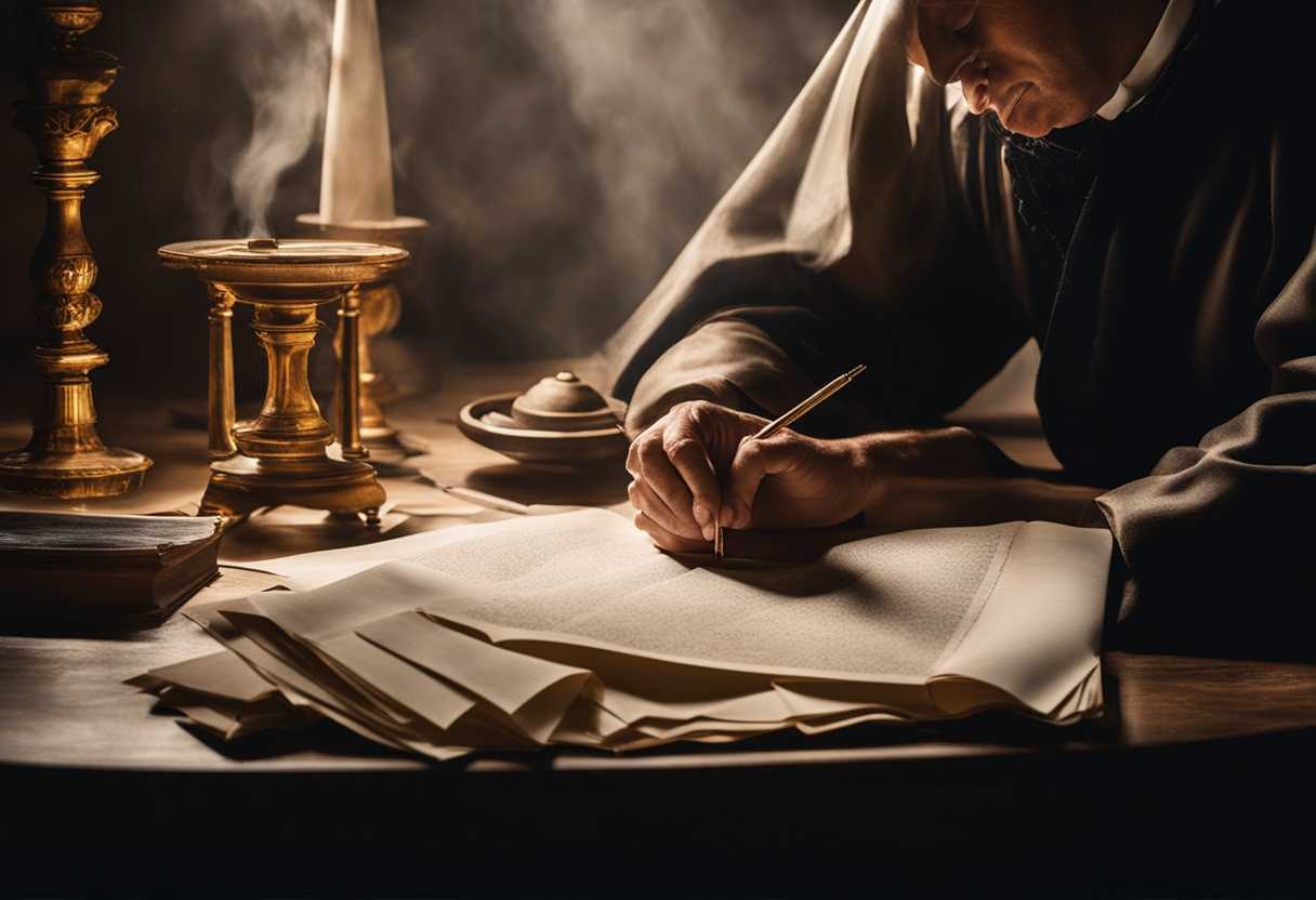 A-person-praying-at-a-desk-soft-light-illuminating-scattered-papers-and-a-ticking-clock_sjmu