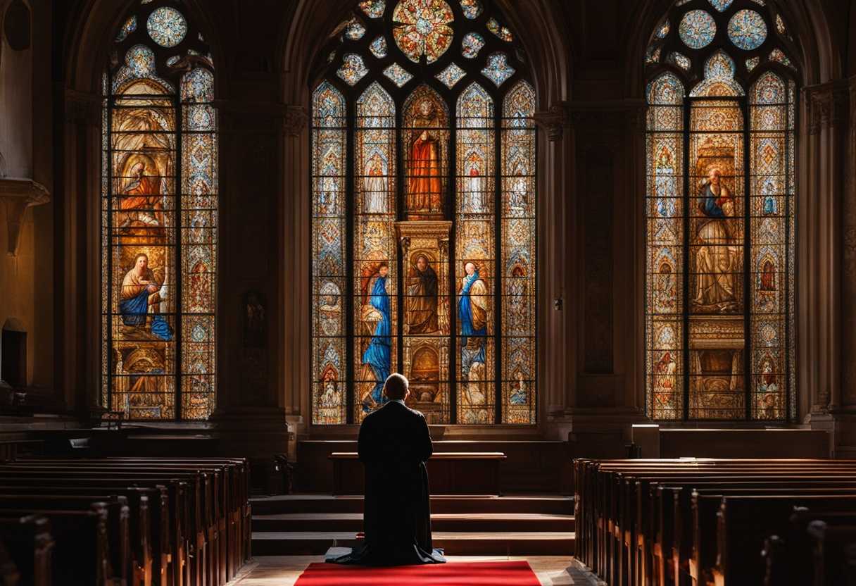 A-person-praying-in-a-church-bathed-in-stained-glass-light-exuding-serenity-and-devotion_isia