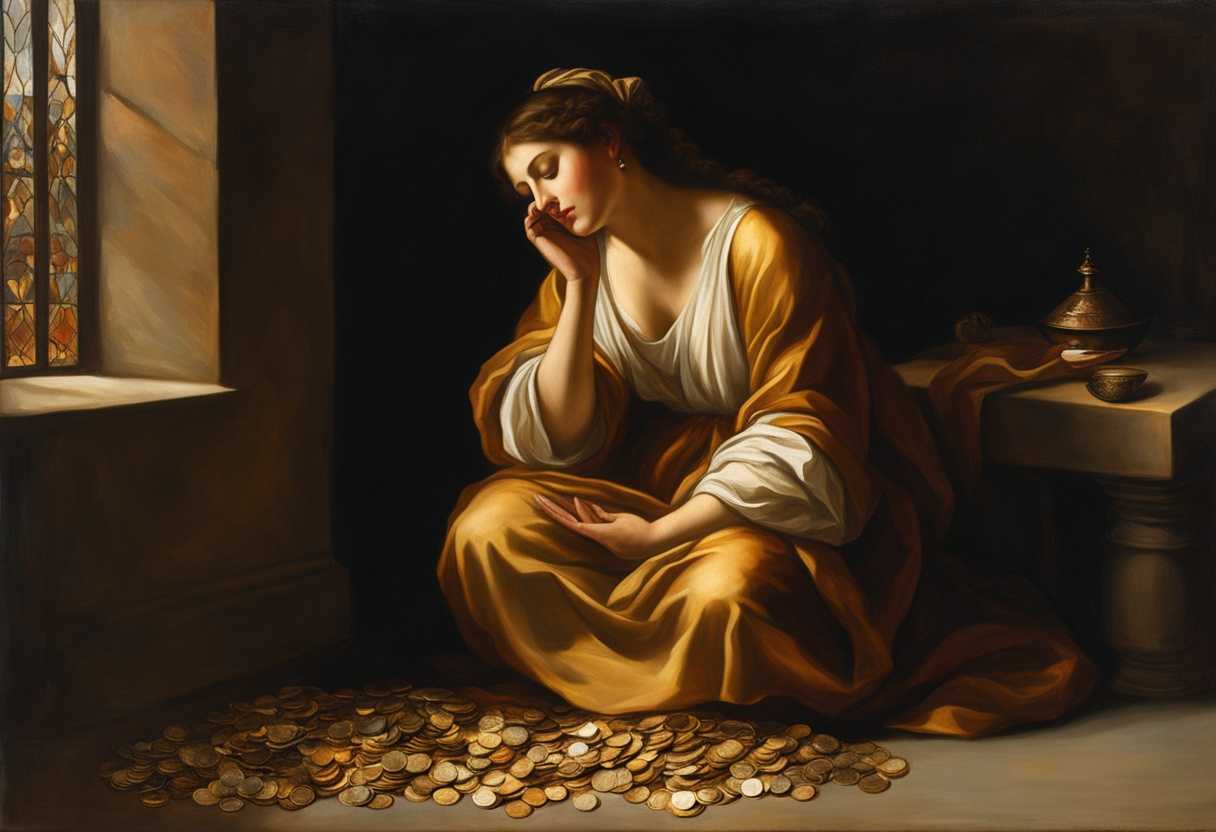 A-serene-figure-in-prayer-warm-light-illuminating-hope-and-devotion-amidst-scattered-coins_nogt