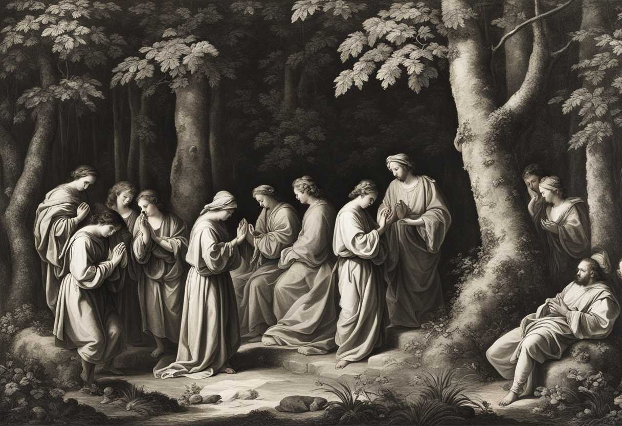 A-serene-forest-scene-with-individuals-in-prayer-hands-clasped-seeking-wisdom-and-unity_lkir