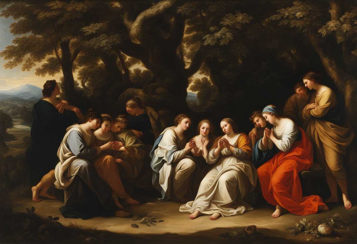 A-serene-gathering-under-trees-hands-clasped-heads-bowed-in-peaceful-prayer-and-reflection_ujbc