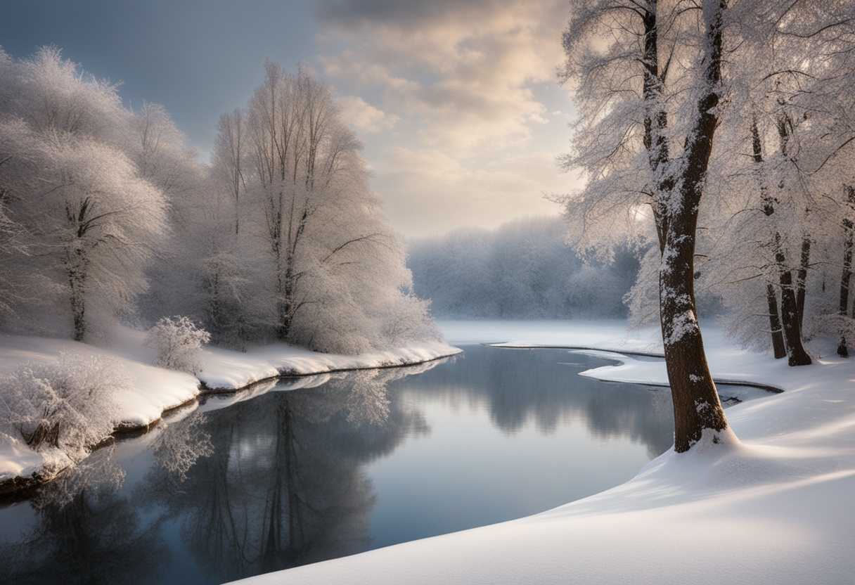 A-tranquil-winter-scene-snow-covered-trees-a-still-lake-and-gentle-snowfall_zbbo