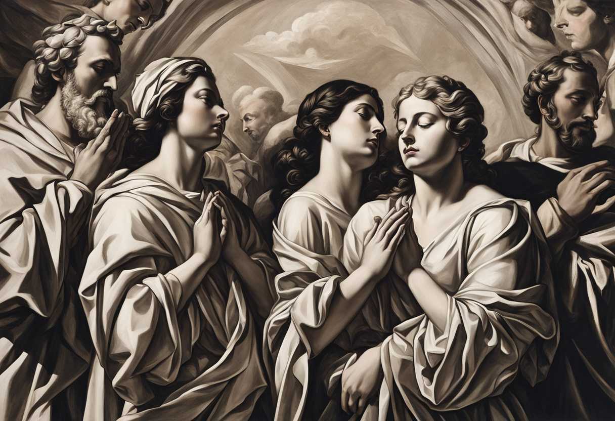 A-united-group-stands-tall-in-contrasting-light-eyes-closed-hands-clasped-in-prayer_xhzv