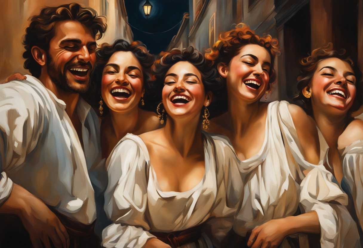 A-vibrant-group-laughs-in-a-dim-alley-illuminated-faces-contrasting-with-surrounding-shadows_lkgo