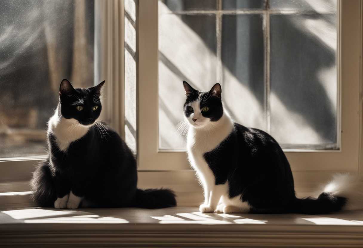 Black-and-white-cats-bask-in-sunlight-on-windowsill-one-curious-one-napping-elegant-contrast_fgdq