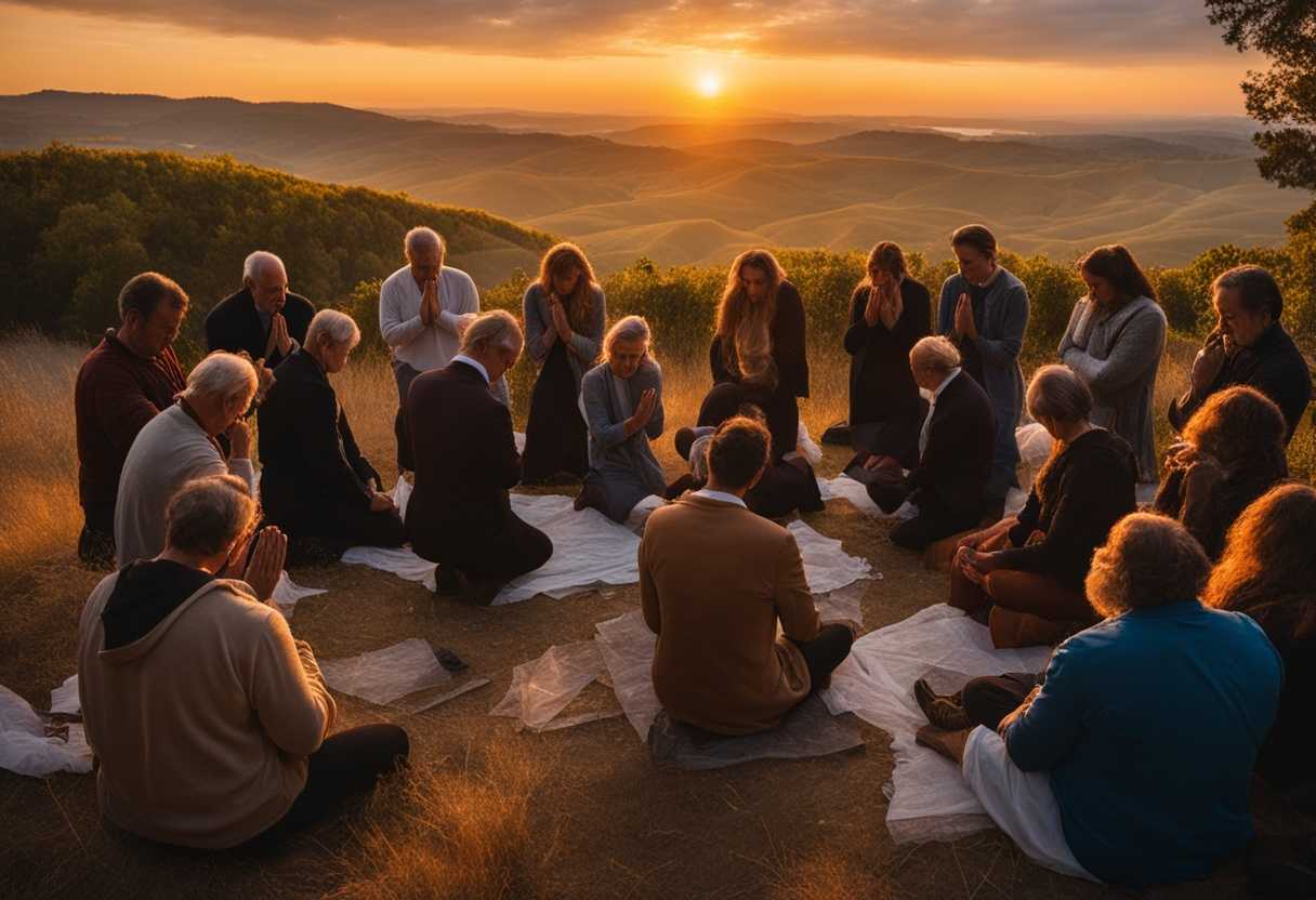 Car-crash-survivors-gather-in-prayer-circle-at-sunset-hands-clasped-heads-bowed-in-unity_tdtu
