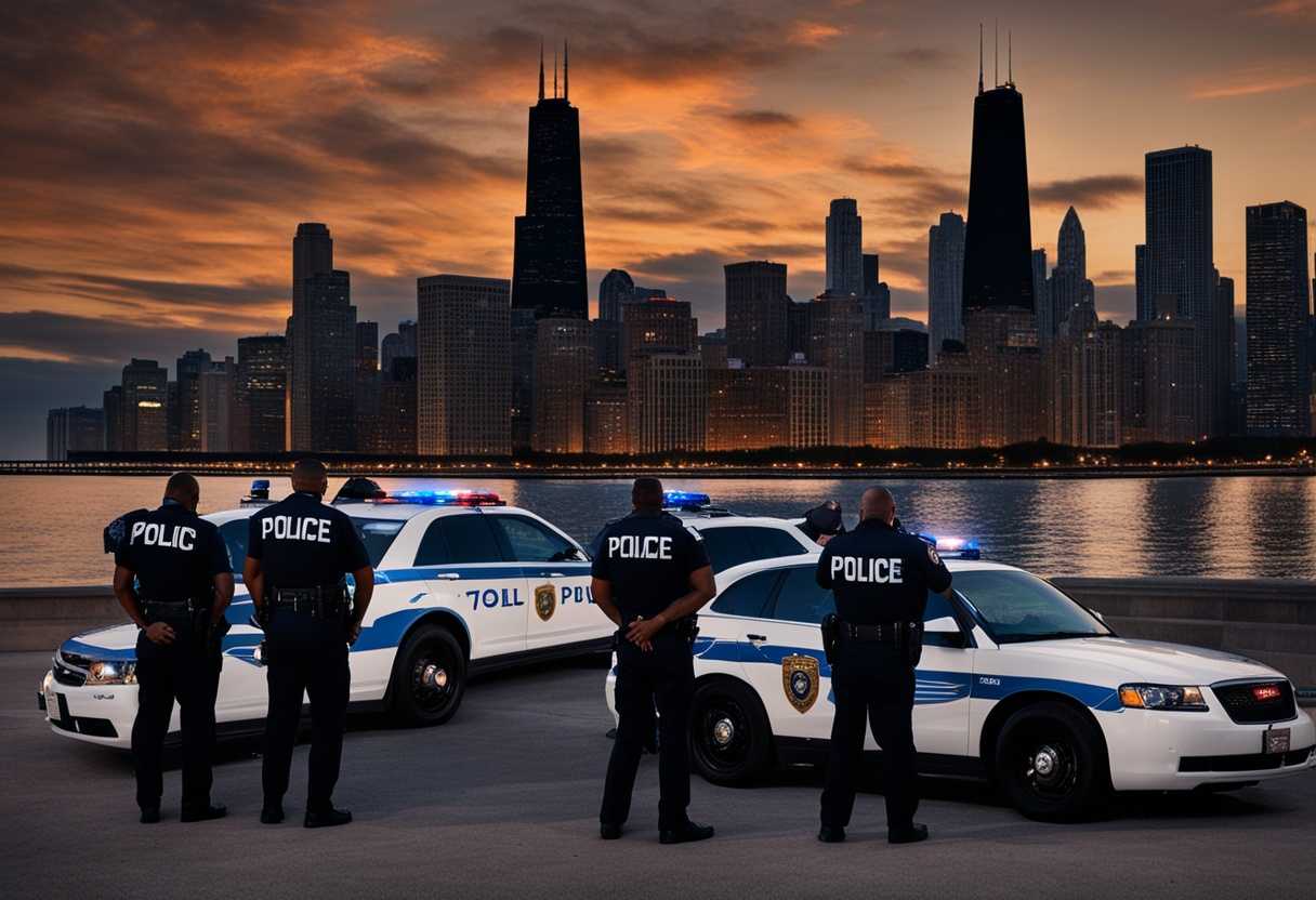 Chicago-police-officers-in-prayer-at-dawn-diverse-faces-skyline-backdrop-badges-glinting_anem