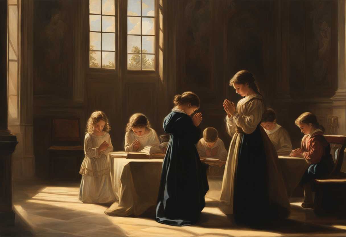Children-gather-in-a-sunlit-room-heads-bowed-in-prayer-for-academic-success-and-blessings_gjwv