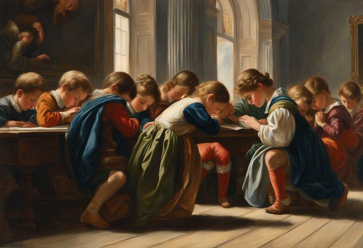 Children-huddled-together-heads-bowed-in-silent-prayer-during-a-challenging-exam_qnzd