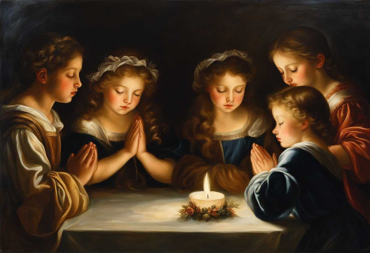 Children-in-a-circle-heads-bowed-in-prayer-hands-clasped-eyes-closed-bathed-in-soft-light_xsci