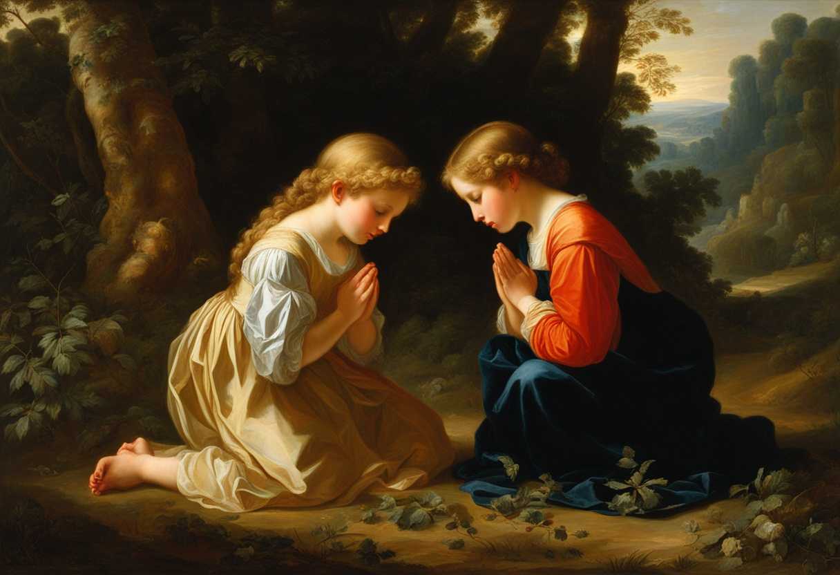 Children-in-a-forest-clearing-heads-bowed-in-prayer-hands-clasped-bathed-in-warm-light_lpen