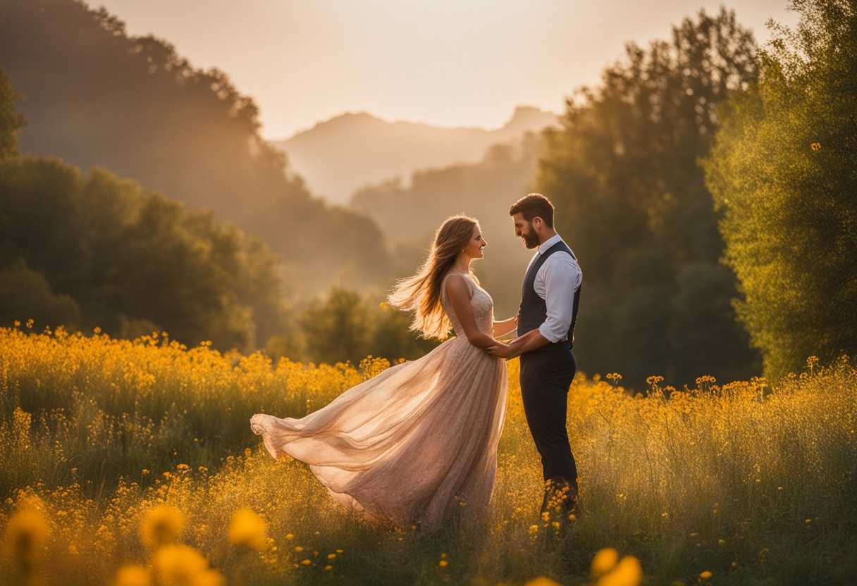 Couple-embraces-in-a-sunlit-wildflower-field-exuding-love-and-connection-in-a-timeless-moment_zikh