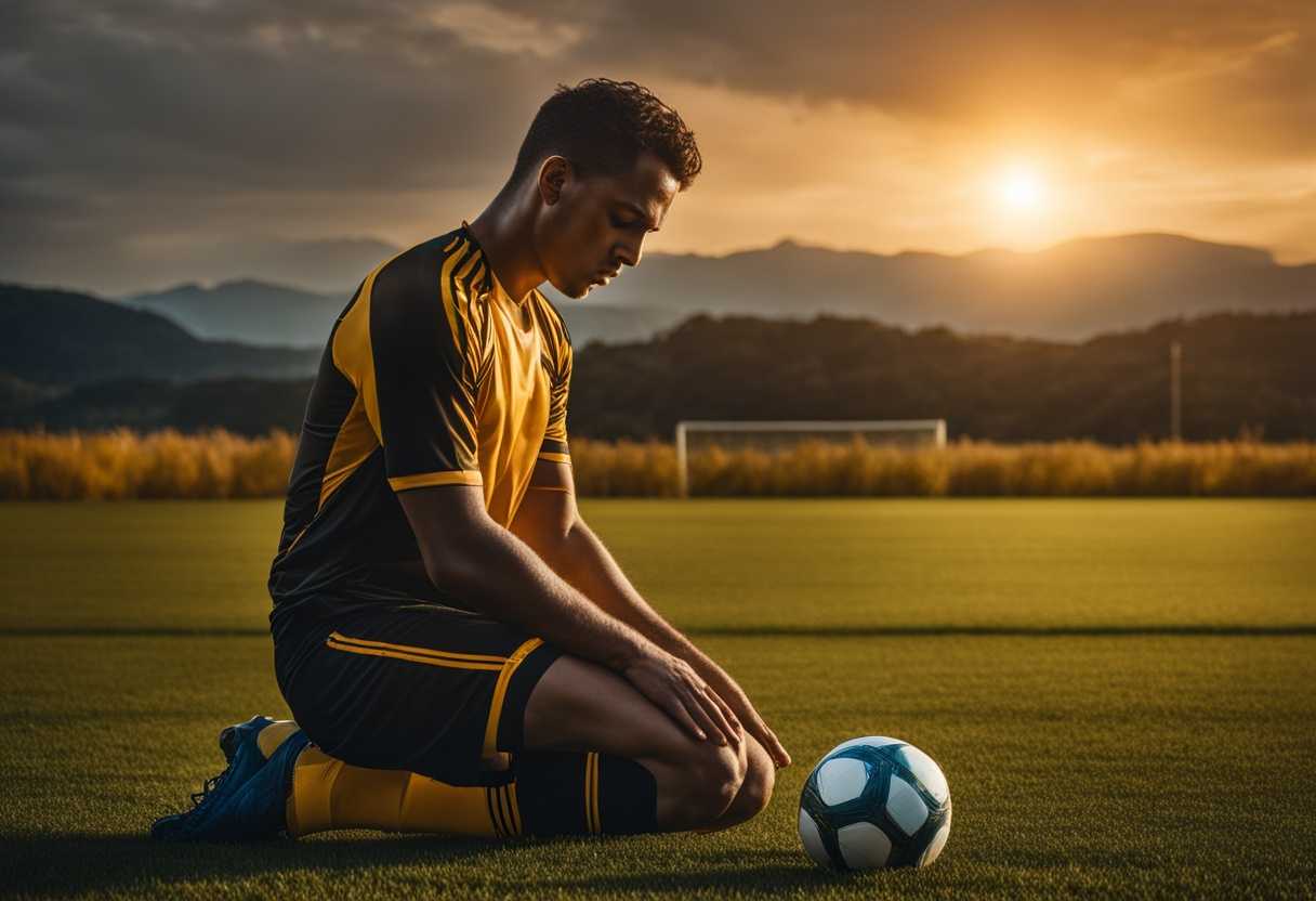 Determined-soccer-player-kneels-in-prayer-on-field-at-sunset-ready-for-action_nerq