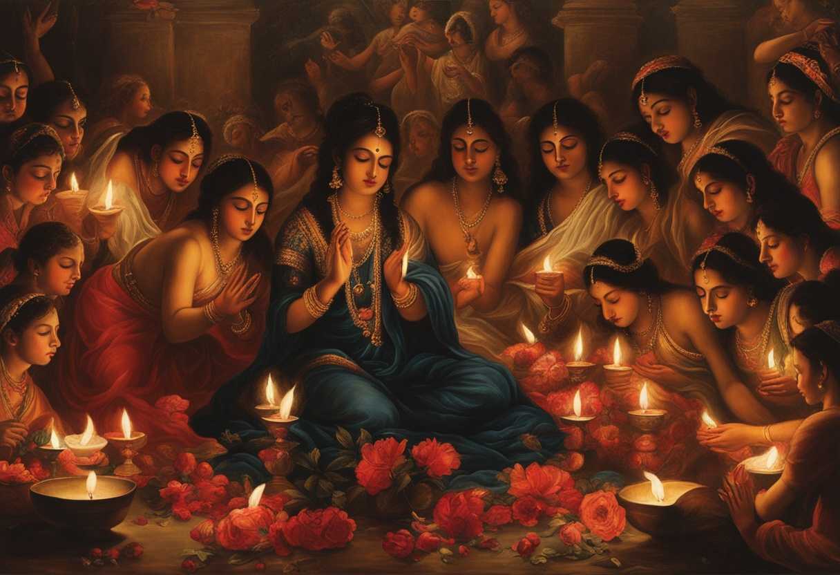 Devotees-pray-to-goddess-Kali-surrounded-by-candles-flowers-and-vibrant-energy-seeking-transform_mevf