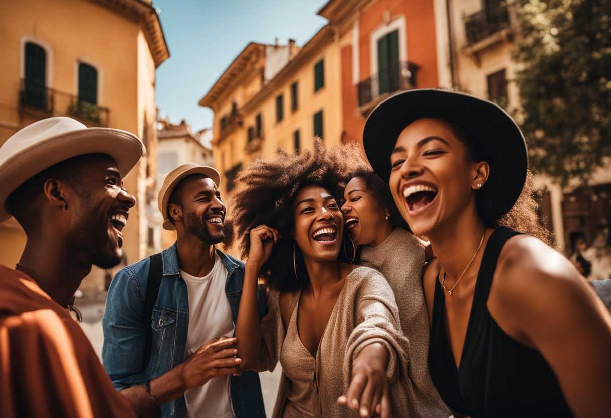 Diverse-friends-laugh-joyfully-in-a-vibrant-city-sunlight-casting-playful-shadows-around-them_zfgl