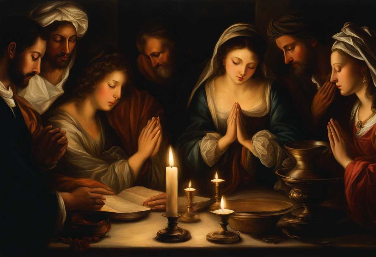 Diverse-group-in-candlelight-heads-bowed-in-prayer-hands-clasped-in-unity-symbols-of-faith_qpjs