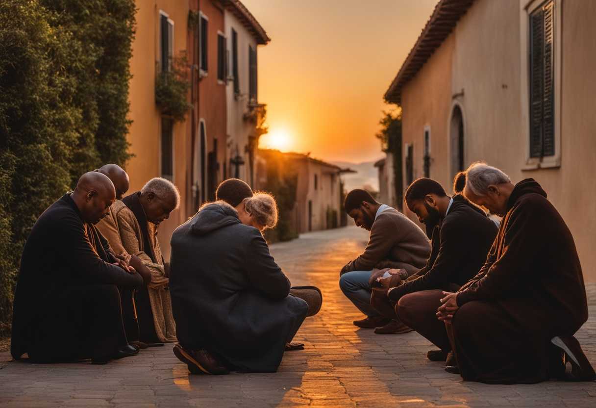 Diverse-group-praying-in-neighborhood-at-sunset-heads-bowed-hands-clasped-sense-of-community_diob