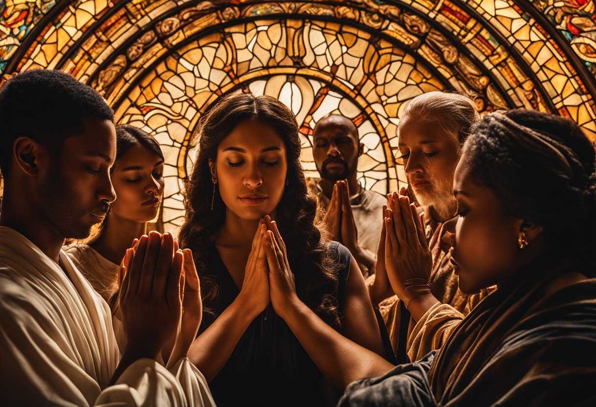 Diverse-individuals-in-prayer-hands-clasped-illuminated-by-warm-stained-glass-light_foec