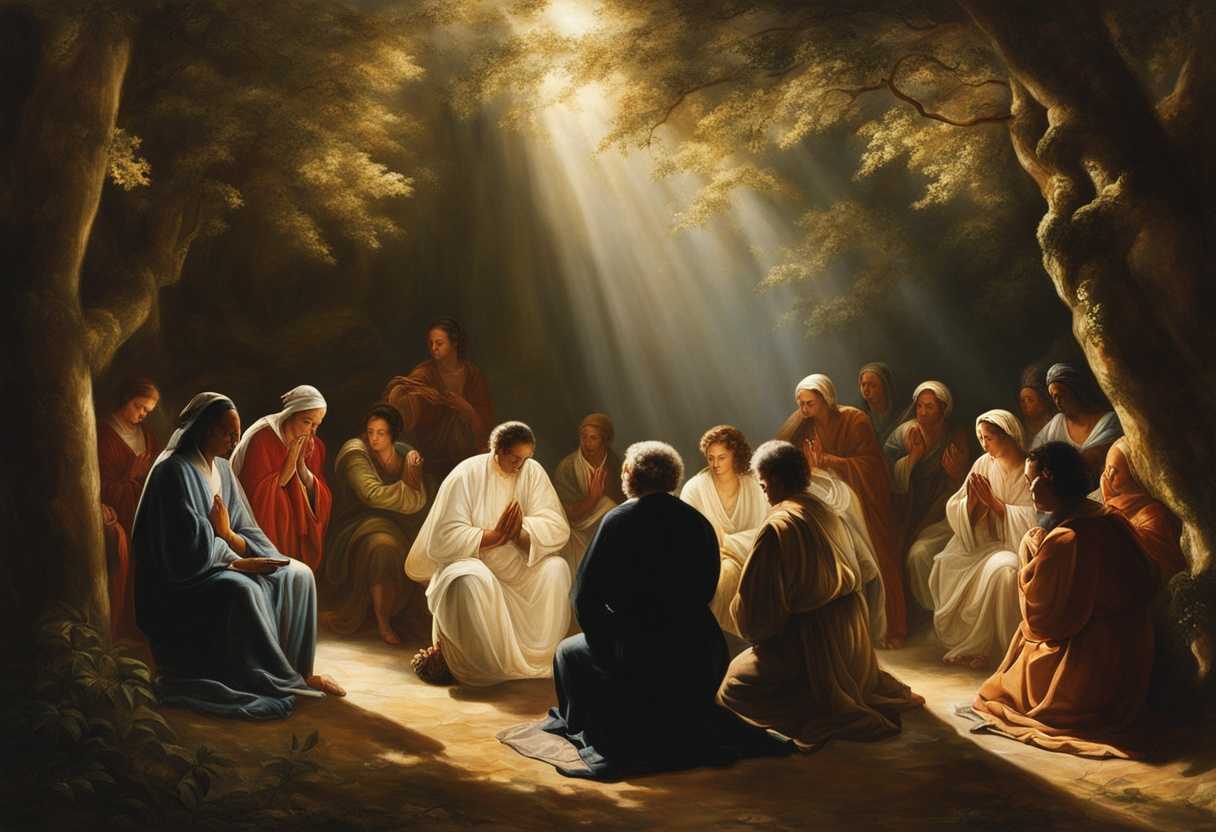 Diverse-individuals-in-prayer-serene-light-filtering-through-trees-unity-and-hope-palpable_bisl