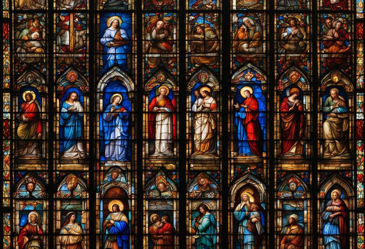 Diverse-leaders-in-prayer-illuminated-by-stained-glass-embody-unity-hope-and-purpose_omwd