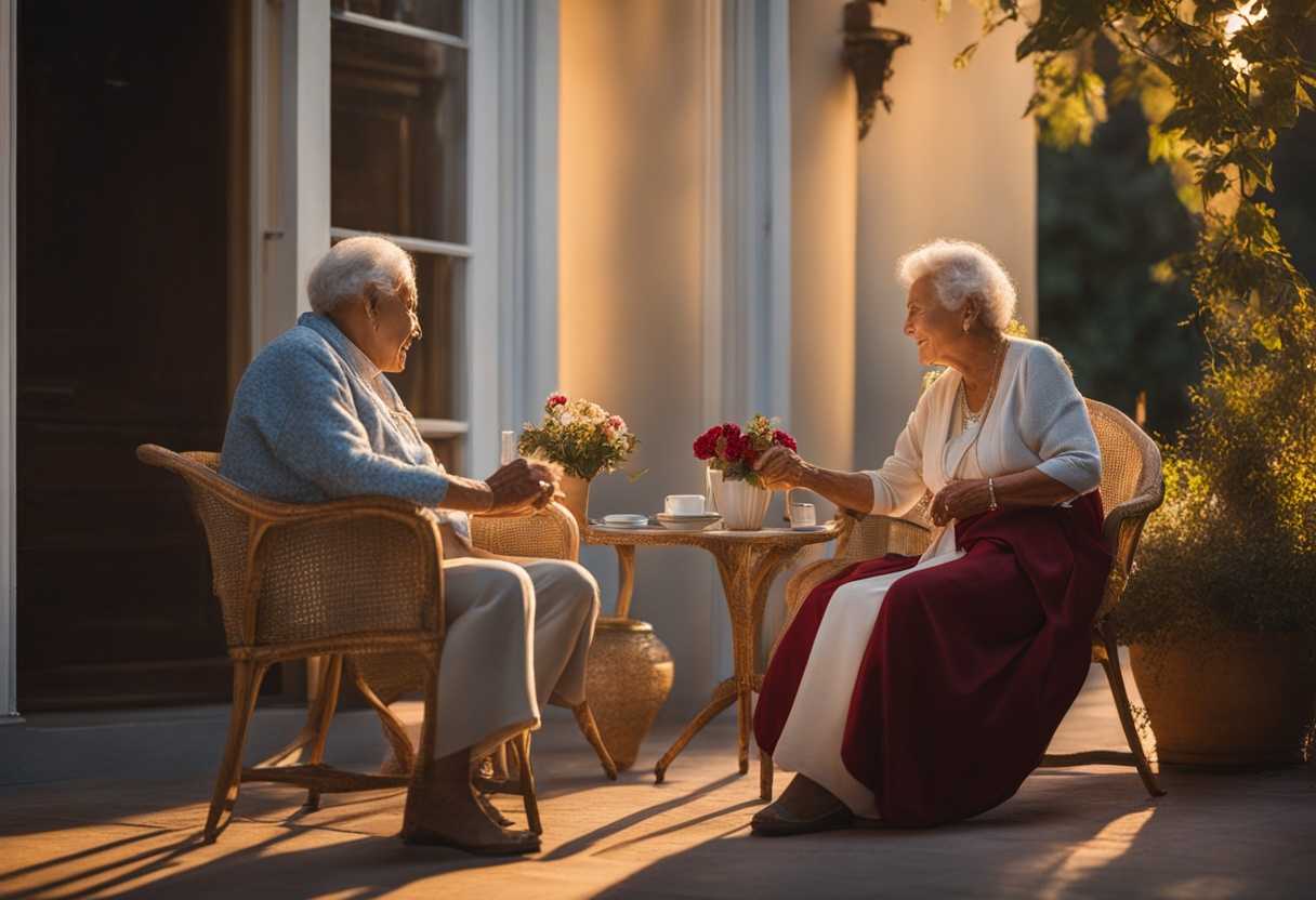 Elderly-neighbors-share-stories-on-porch-holding-hands-in-evening-light-surrounded-by-serenity_otgc