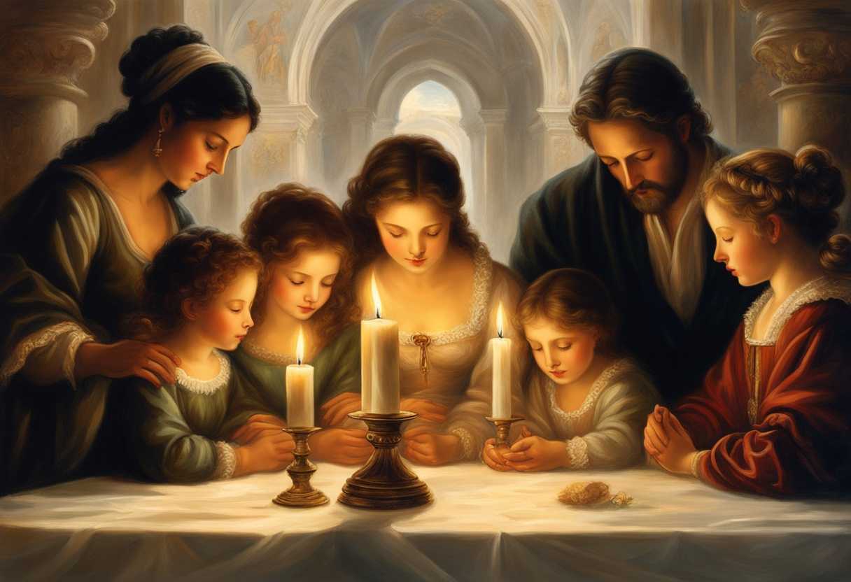 Family-gathered-around-a-glowing-candle-heads-bowed-in-prayer-hands-intertwined-peaceful-unity_zvem
