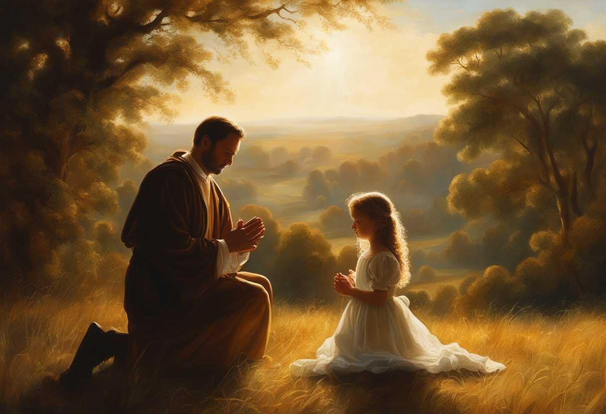 Father-and-daughter-pray-in-a-sunlit-field-sharing-a-moment-of-trust-and-faith_kwov