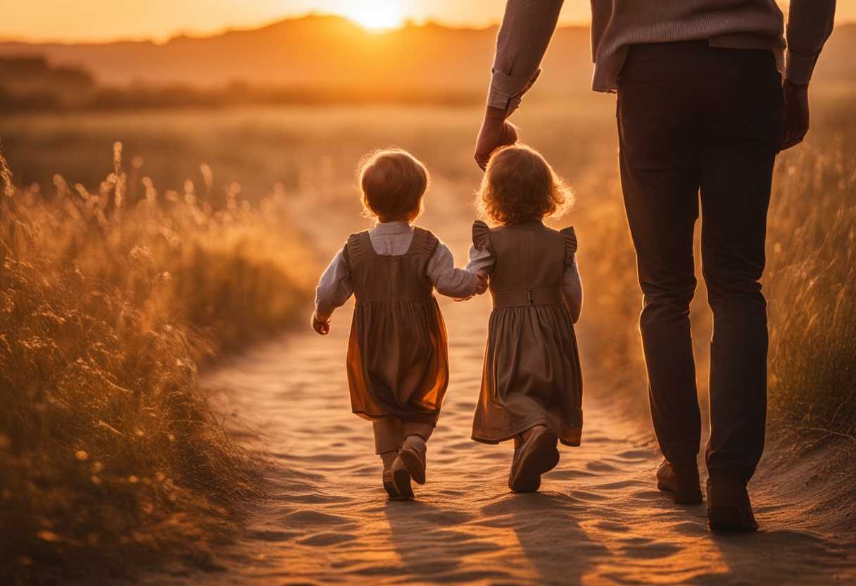 Father-gently-holding-youngest-child's-hand-guiding-first-steps-at-sunset-overflowing-with-love_cory