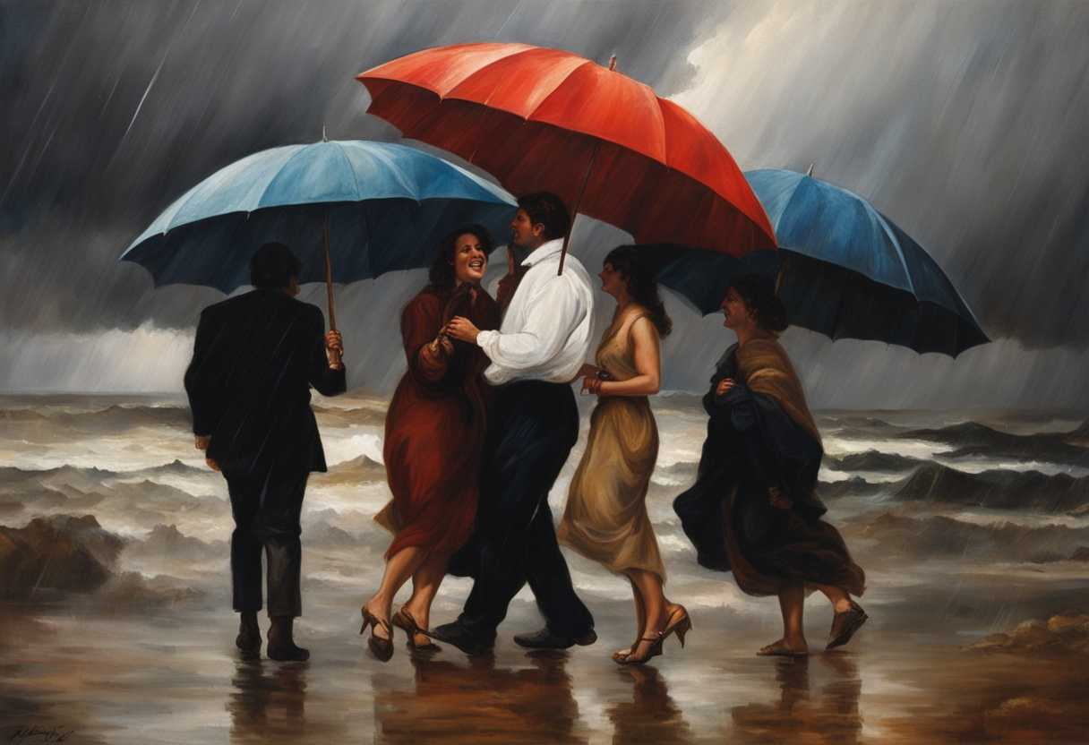 Friends-huddle-under-vibrant-umbrellas-laughter-mingling-with-anxiety-amidst-dark-storm-clouds_kduu