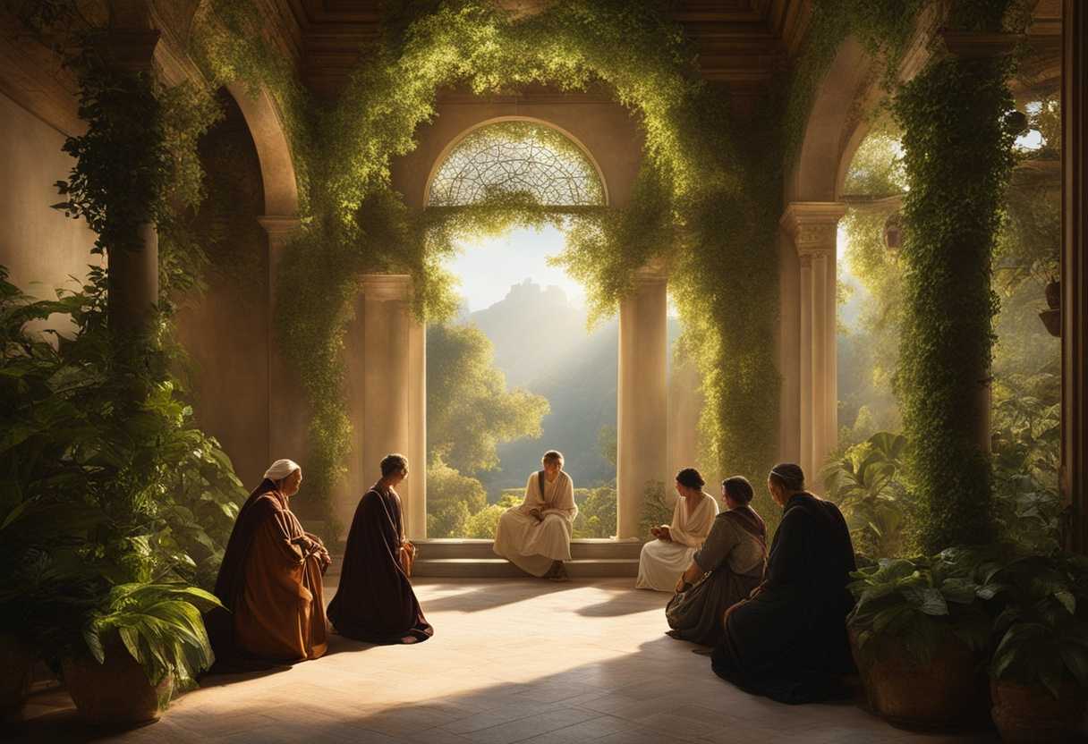 Morning-light-filters-through-lush-greenery-as-individuals-pray-seeking-balance-and-tranquility_rjkq