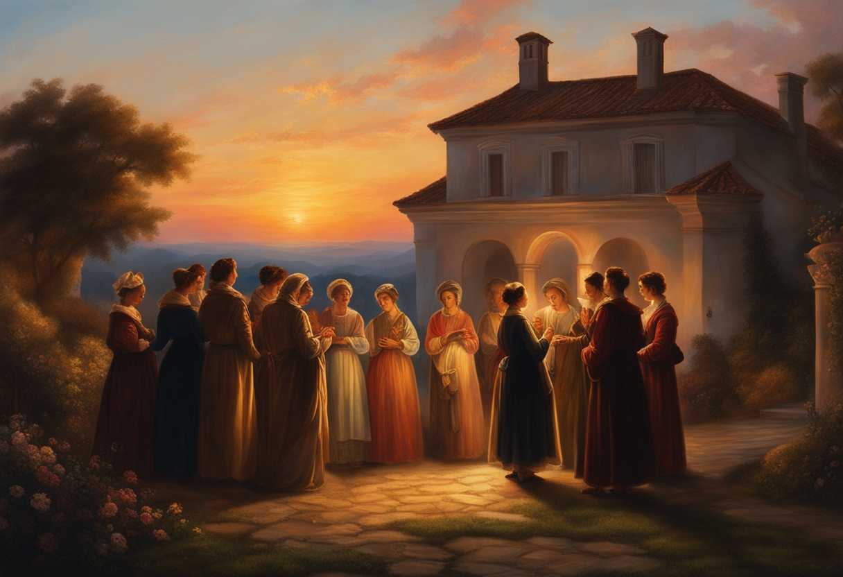 Neighbors-gather-in-front-of-a-glowing-home-at-sunset-praying-together-for-unity-and-renewal_kkrr