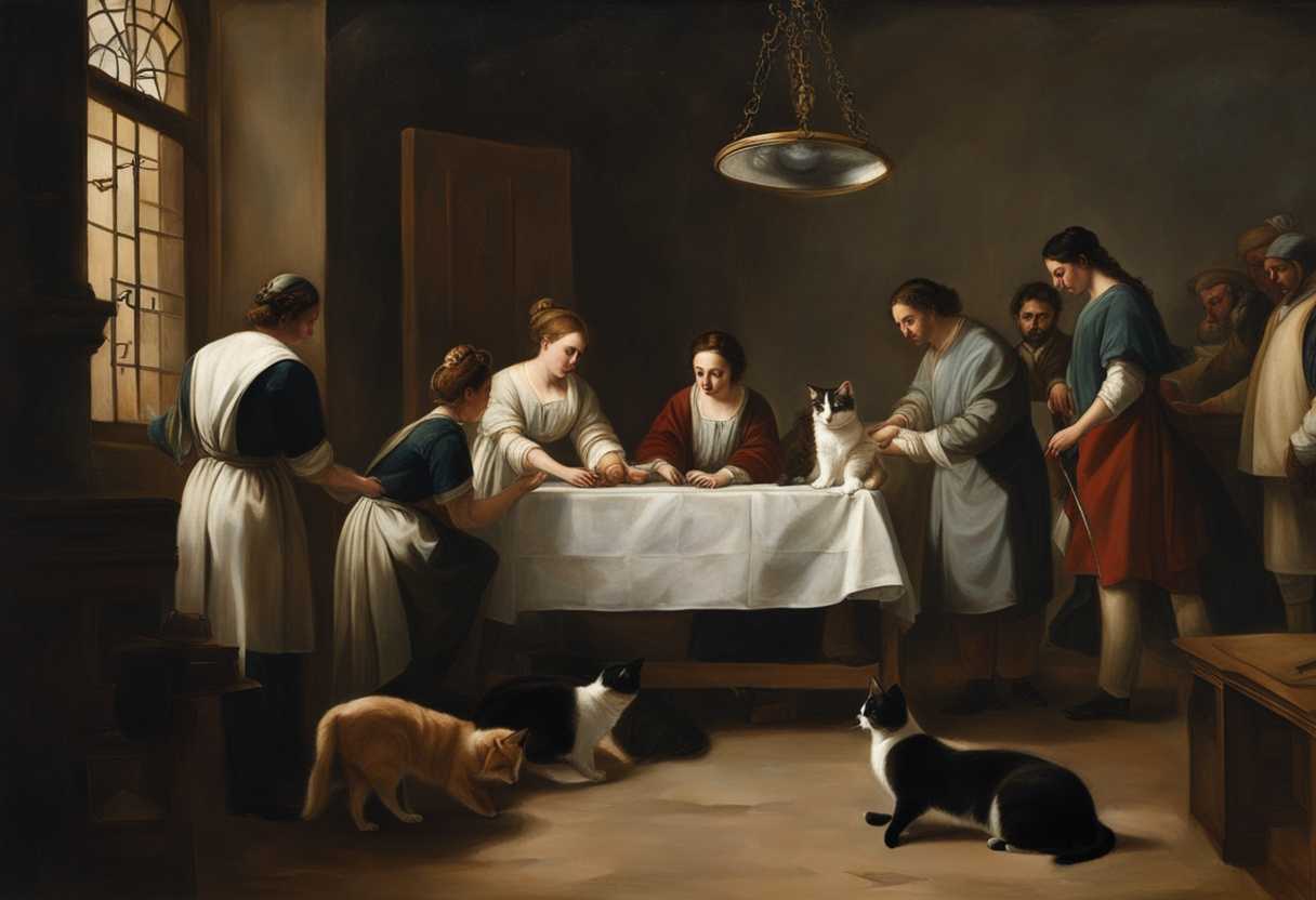 Owner-holds-cat's-paw-in-dimly-lit-surgical-room-surrounded-by-focused-veterinary-team_rldk