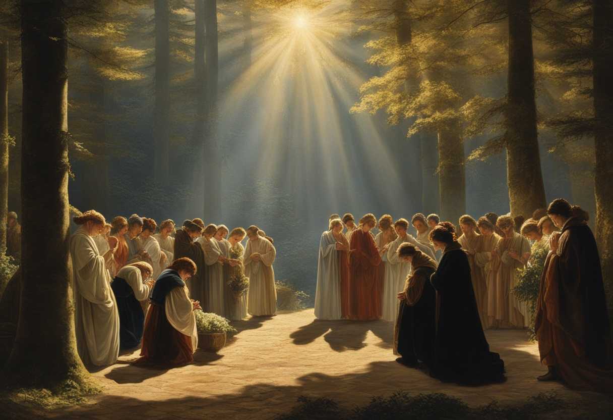 People-gather-in-a-sunlit-forest-heads-bowed-in-prayer-hands-clasped-creating-a-peaceful-scene_gkht