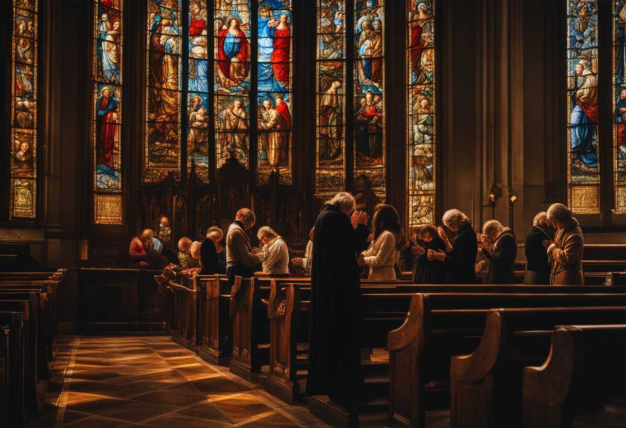 People-in-a-church-heads-bowed-in-prayer-hands-clasped-bathed-in-soft-stained-glass-light_hfvw
