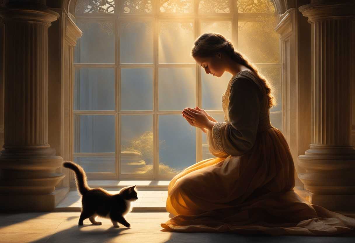 Person-and-cat-in-prayer-bathed-in-warm-light-sharing-a-peaceful-bond-of-love_kqyw