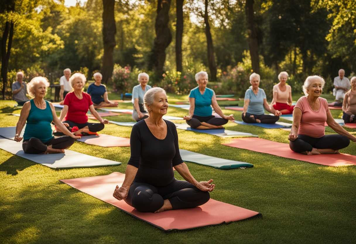 Seniors-practicing-yoga-and-walking-in-a-sunlit-park-surrounded-by-vibrant-mats-and-fruits_fsqw