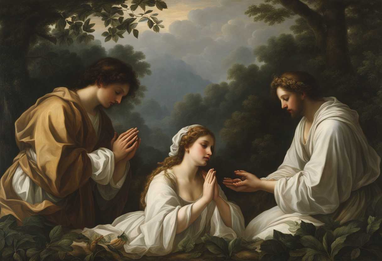 Serene-individuals-praying-under-soft-rain-hands-clasped-surrounded-by-lush-greenery_flsn