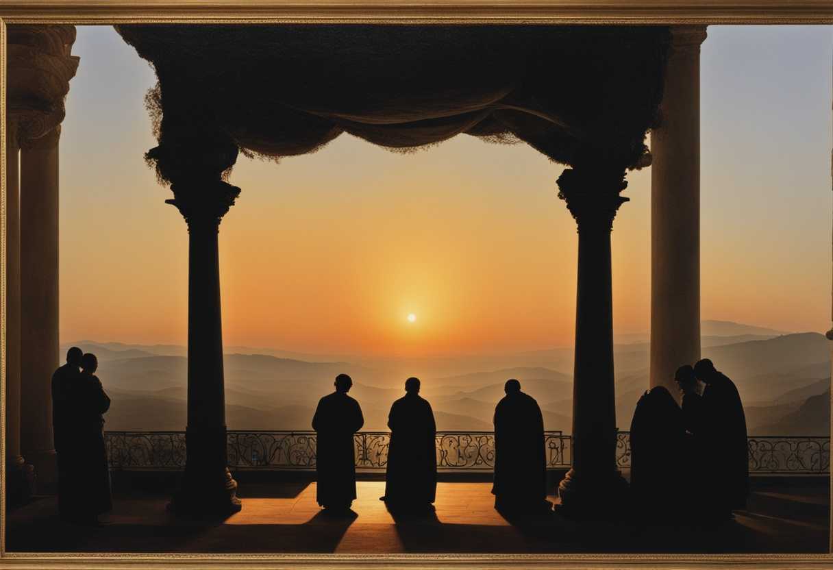 Travelers-in-prayer-at-sunset-silhouetted-against-the-horizon-embodying-solemnity-and-hope_aipz