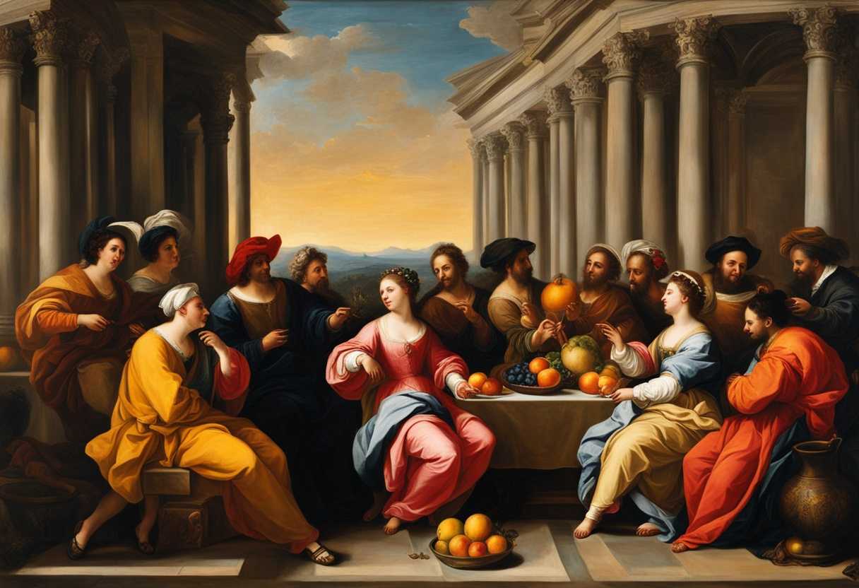 Vibrant-scene-of-diverse-individuals-joyfully-collaborating-exchanging-ideas-and-colorful-fruits_xdue