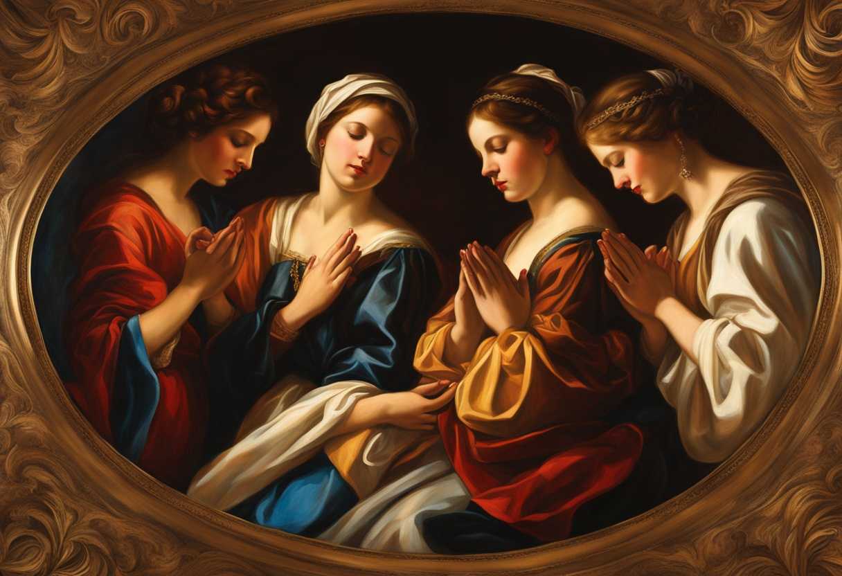 Women-in-a-circle-hands-clasped-praying-for-protection-surrounded-by-warm-light-and-vibrant-fabri_mhjc