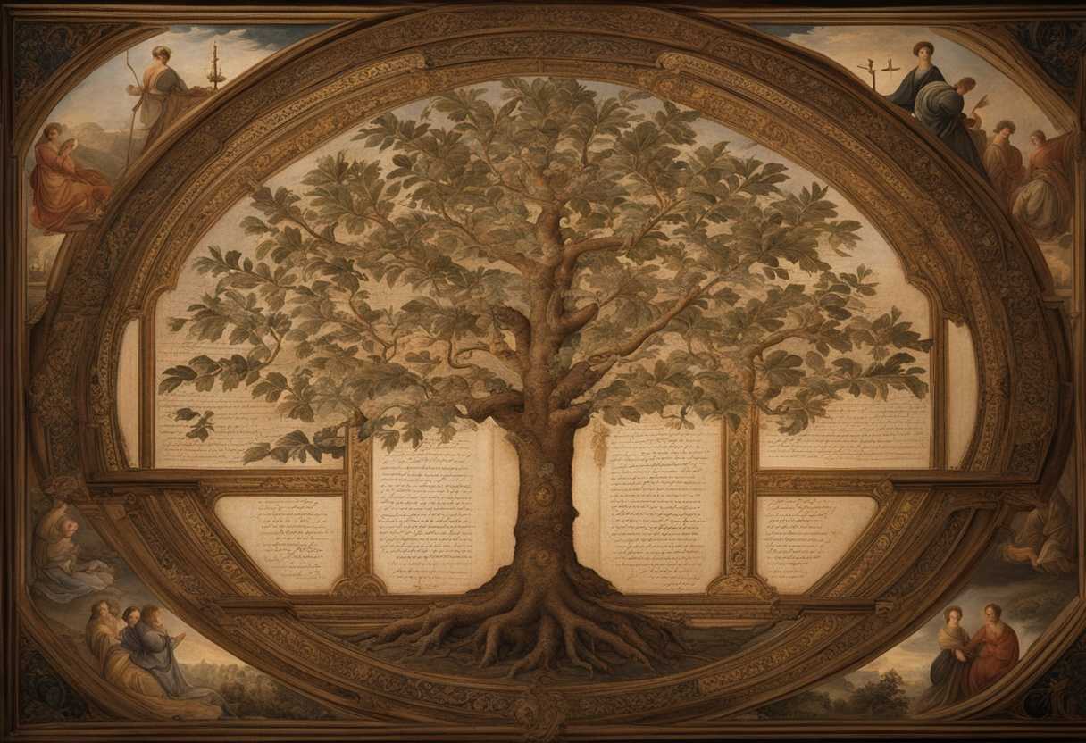 An-ancient-family-tree-illuminated-by-lamplight-showcasing-intricate-calligraphy-and-delicate-illus_ecte