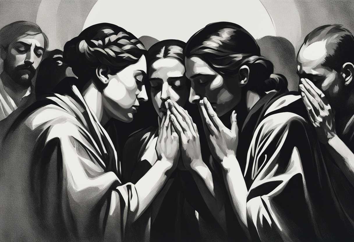 People-in-circle-heads-bowed-hands-clasped-shadows-solemn-prayer-moment-black-and-white_wmuj