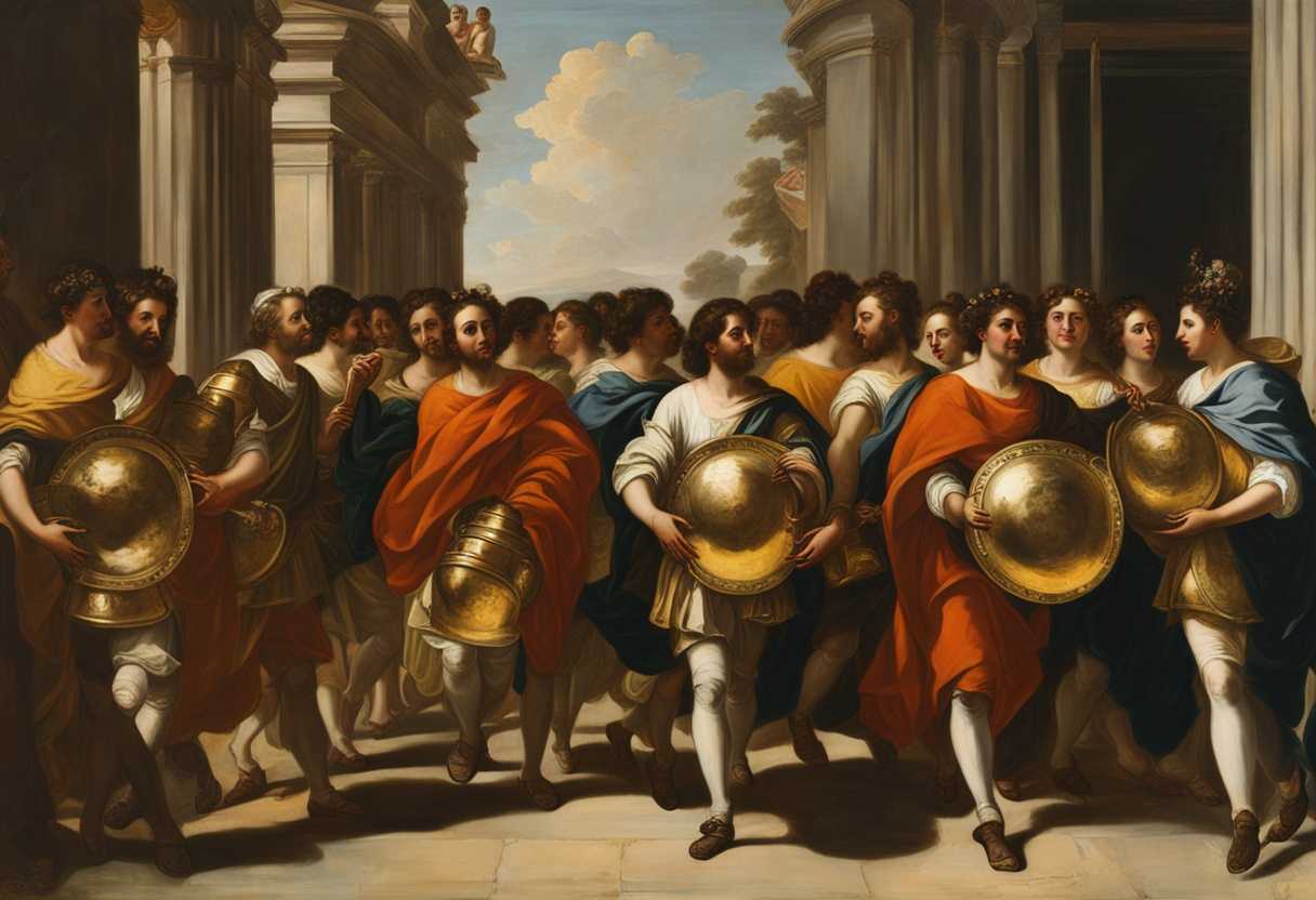 A-grand-procession-of-servants-carrying-golden-shields-and-bronze-vessels-under-the-gleaming-sun_vipm